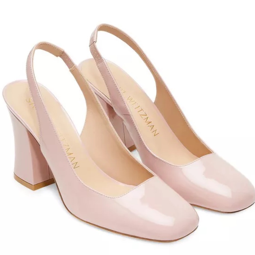 🌹STUART WEITZMAN🌹Curveblock Patent Slingback Pumps Pink Block Heel Size: 4B